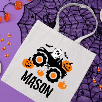 Halloween Personalized Name Boy's Monster Truck Trick or Treat Candy Large Tote Bag