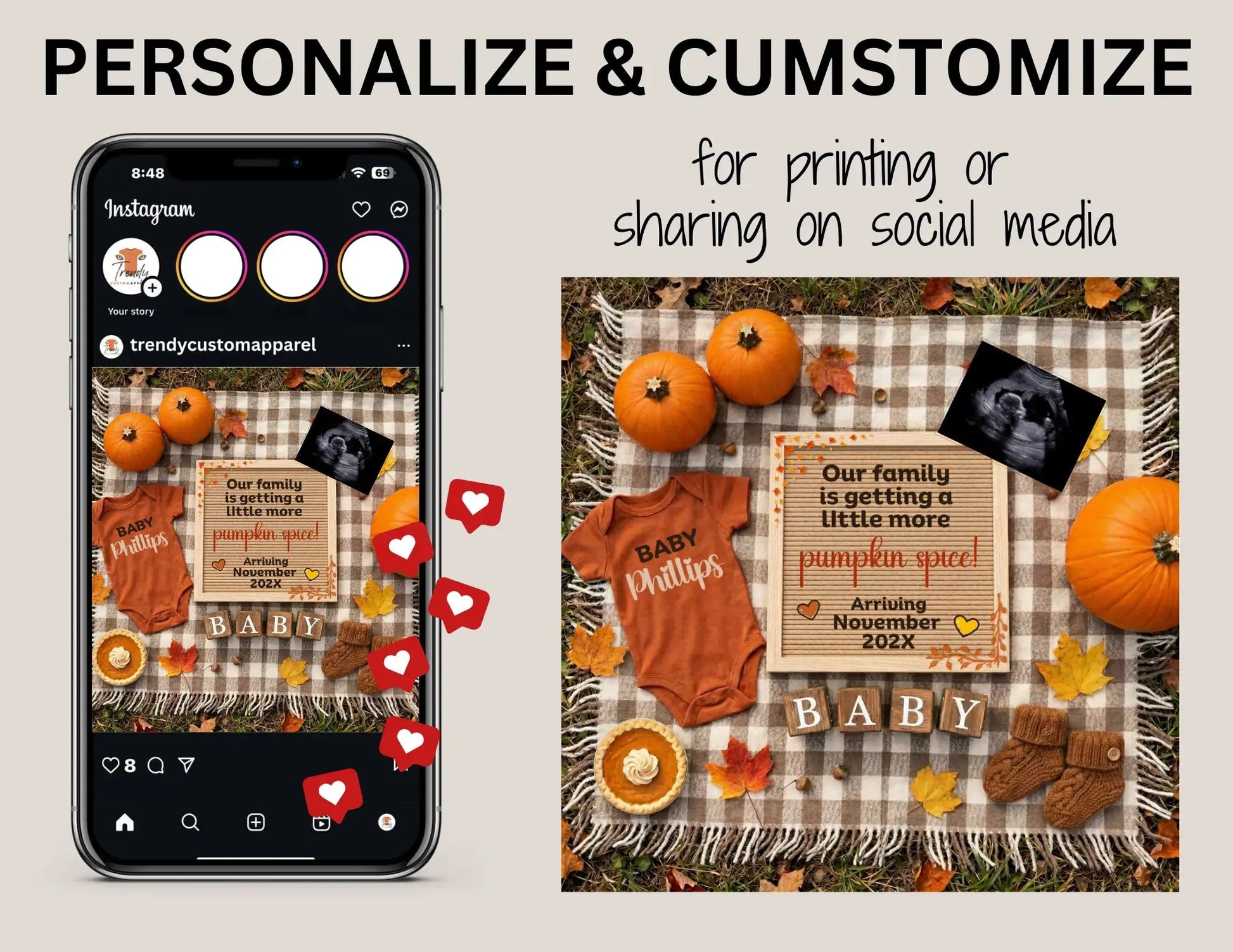 Adding A Pumpkin Reveal, Fall Pumpkin Digital Pregnancy Announcement, Customizable Editable Template, Autumn Instant Download TrendyCustomApparel™