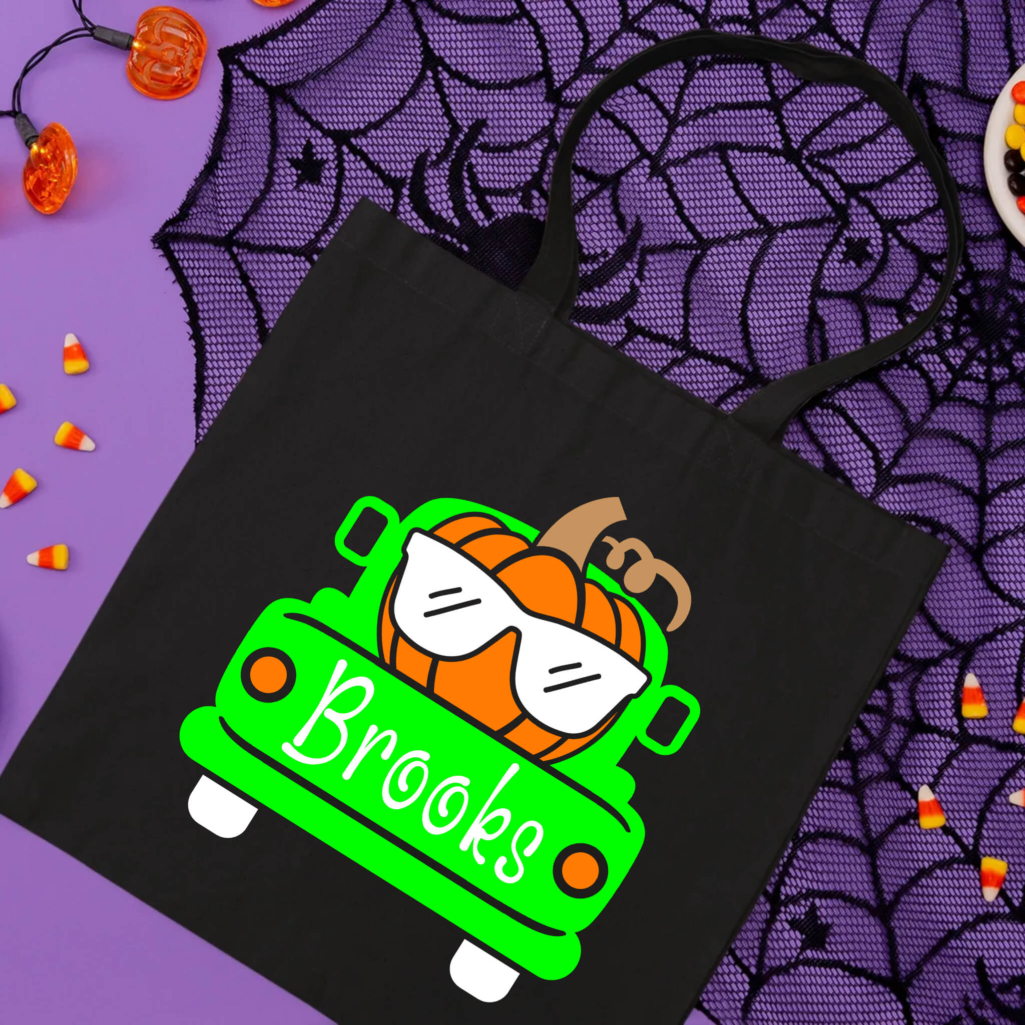 Bolsa De Tela Grande Caramelo de truco o trato de camión de calabaza para niño con nombre personalizado de Halloween