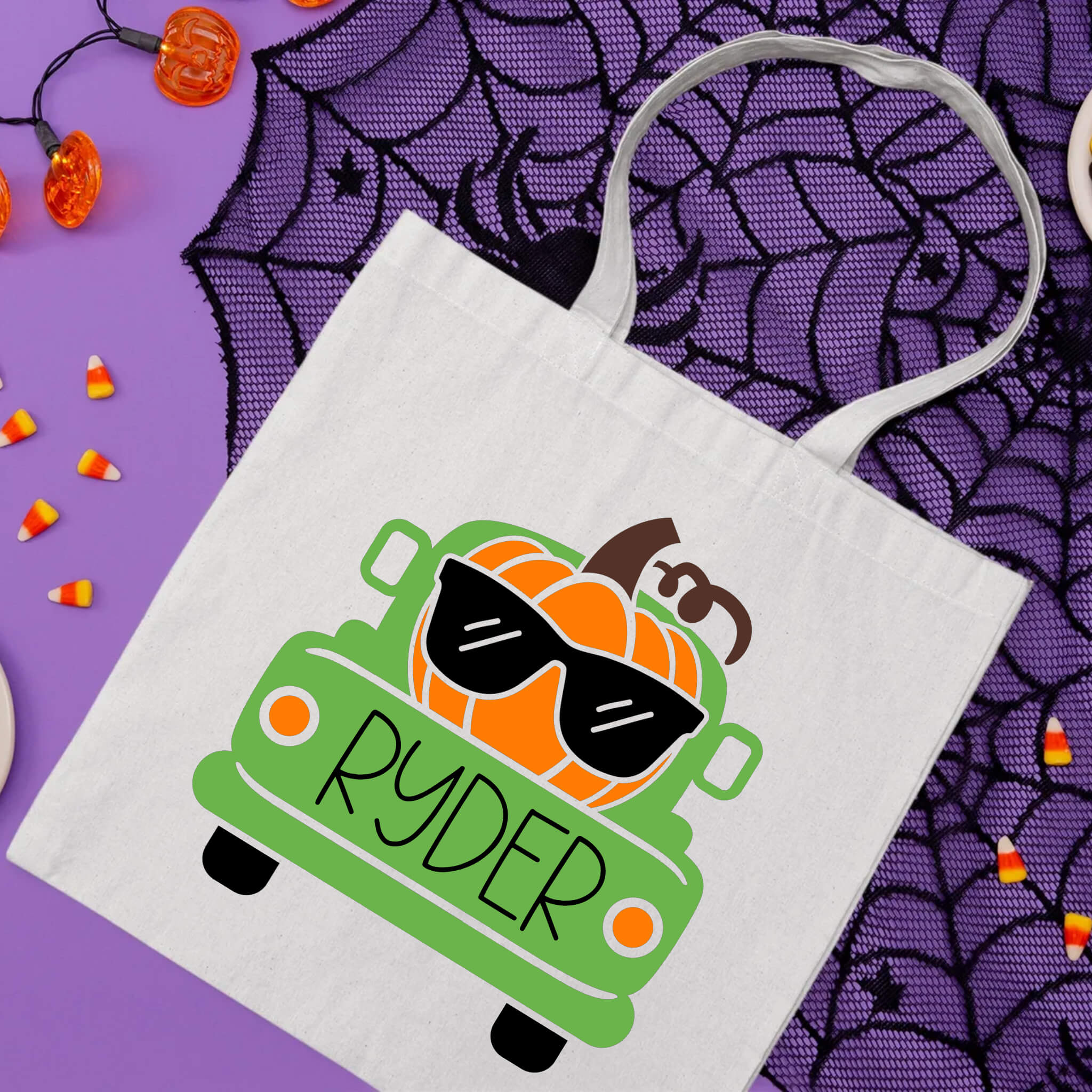 Halloween Personalized Name Boy's Pumpkin Truck Trick or Treat Candy Large Tote Bag