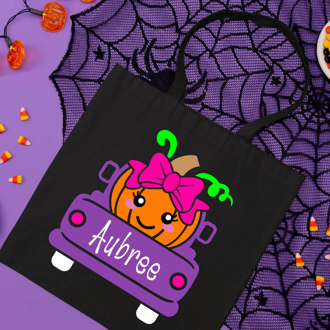 Bolsa De Tela Grande Caramelo de truco o trato de camión de calabaza para niña con nombre personalizado de Halloween