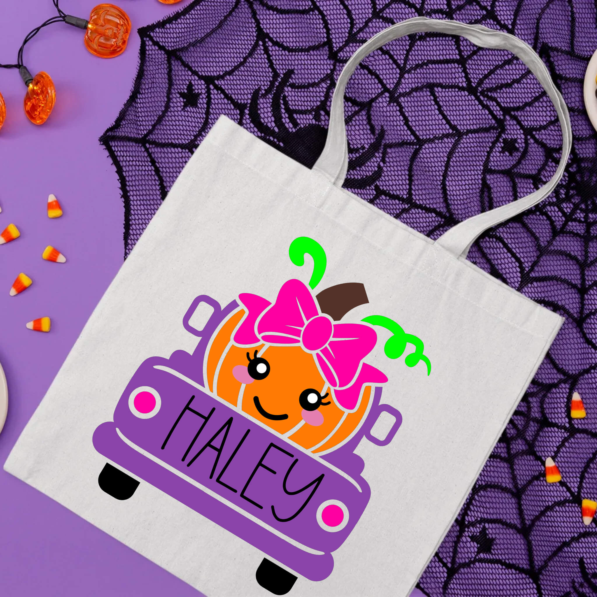 Bolsa De Tela Grande Caramelo de truco o trato de camión de calabaza para niña con nombre personalizado de Halloween