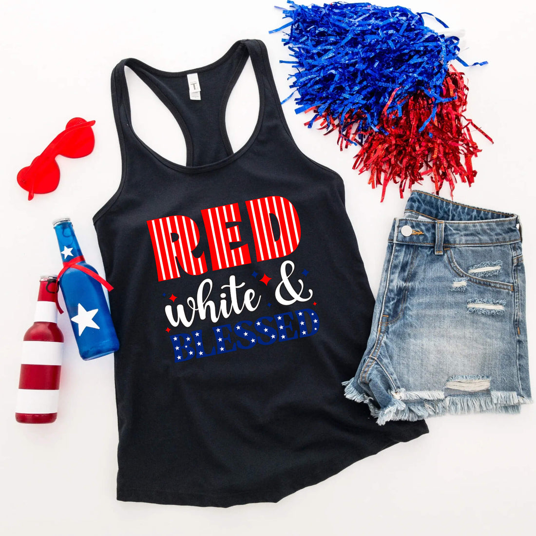 4th of July - Red White & Blessed Patriotic Graphic Print Women’s Tank Top