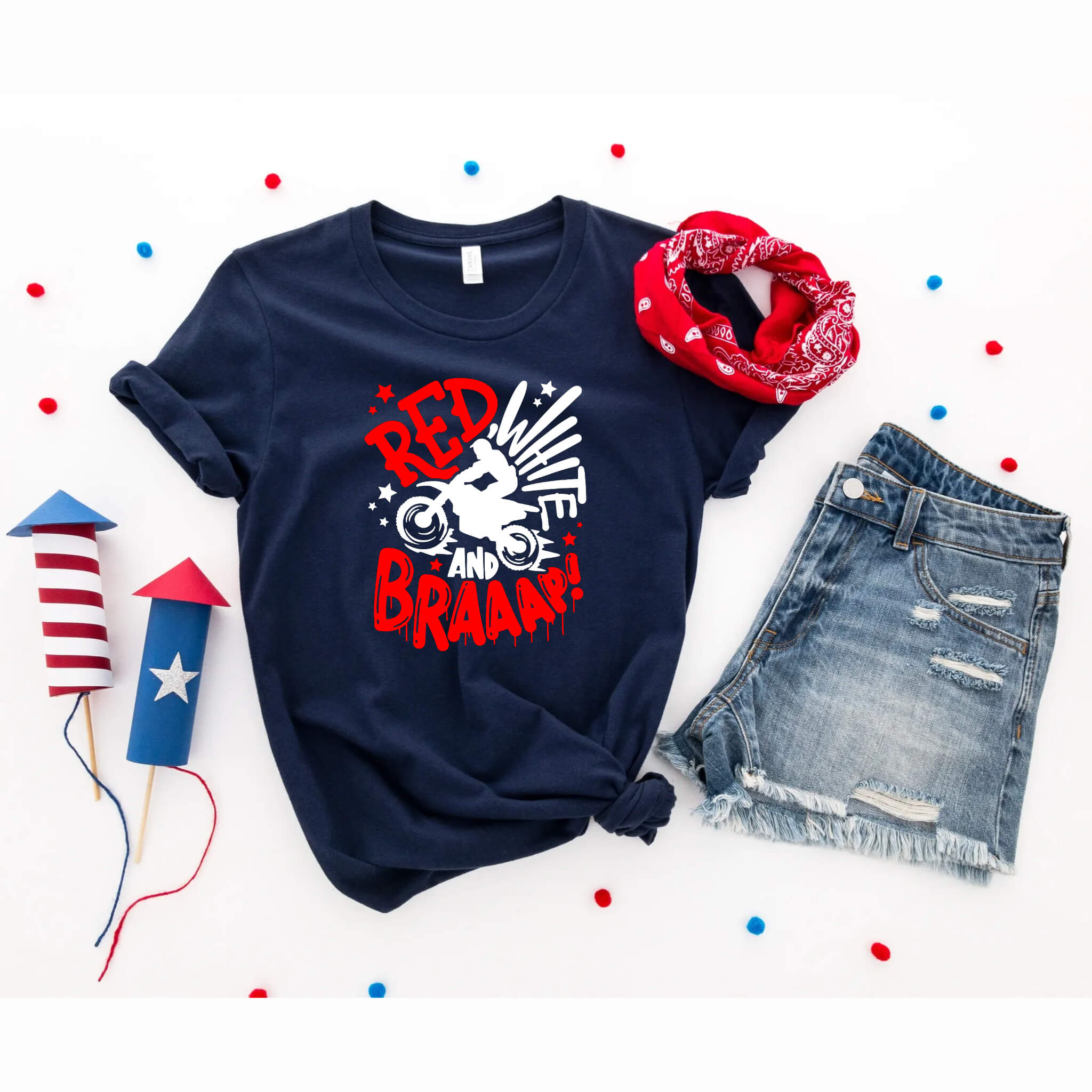 4th of July - Red White & Brap Dirt Bike Patriotic Graphic Print Women’s T-Shirt / Tank Top