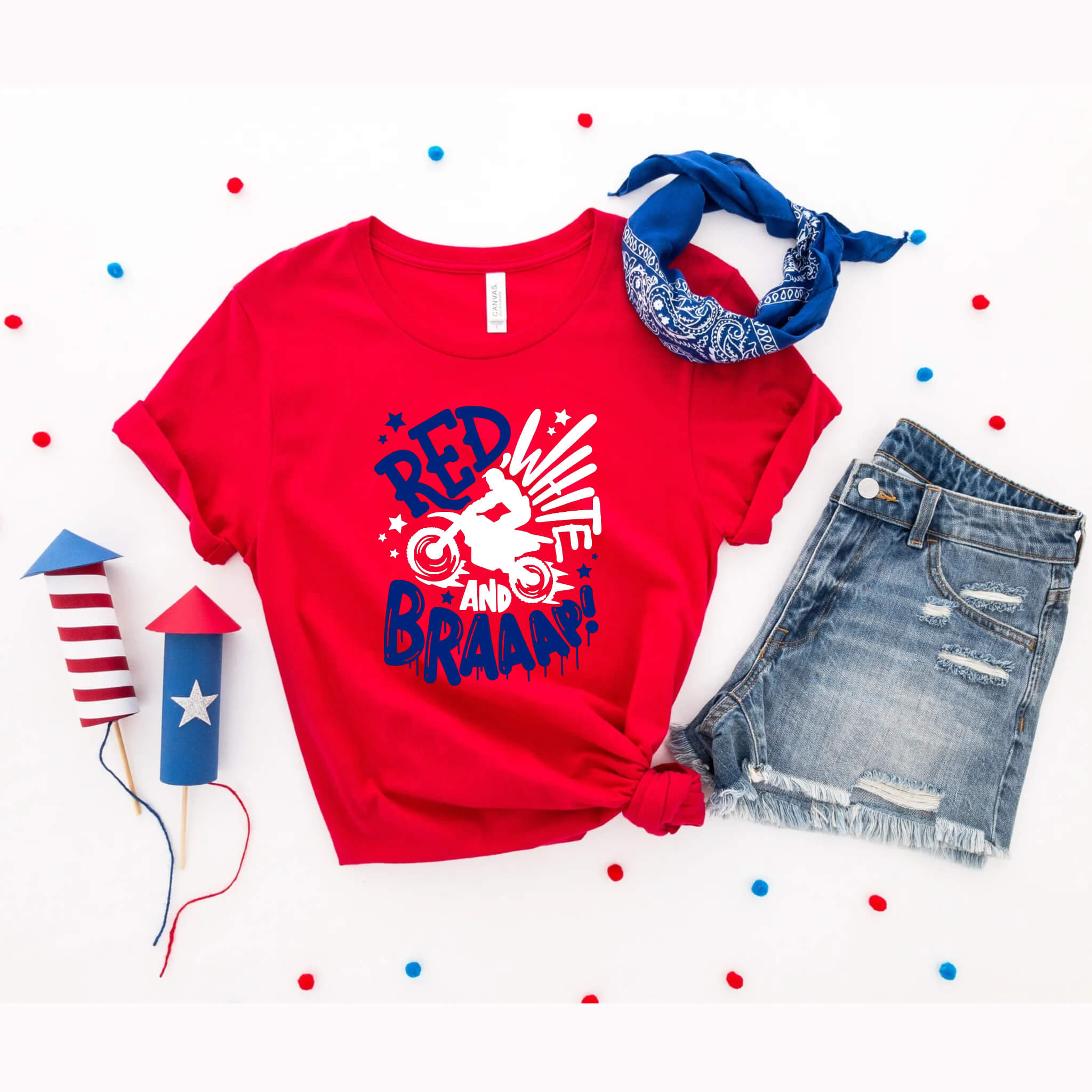 4th of July - Red White & Brap Dirt Bike Patriotic Graphic Print Women’s T-Shirt / Tank Top