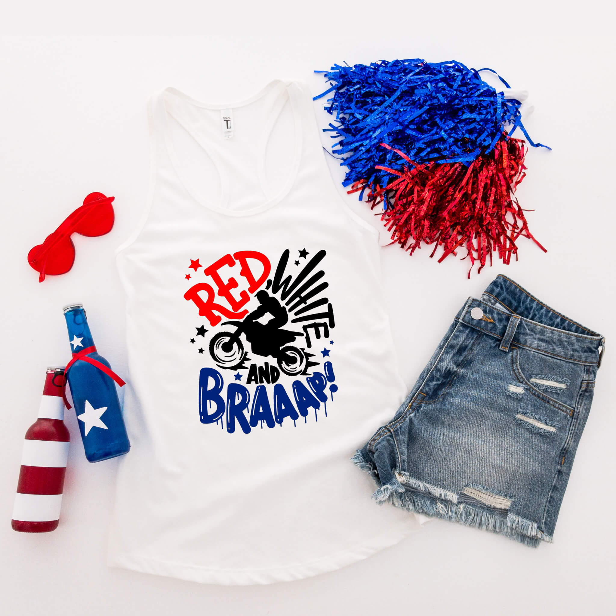 4th of July - Red White & Brap Dirt Bike Patriotic Graphic Print Women’s T-Shirt / Tank Top