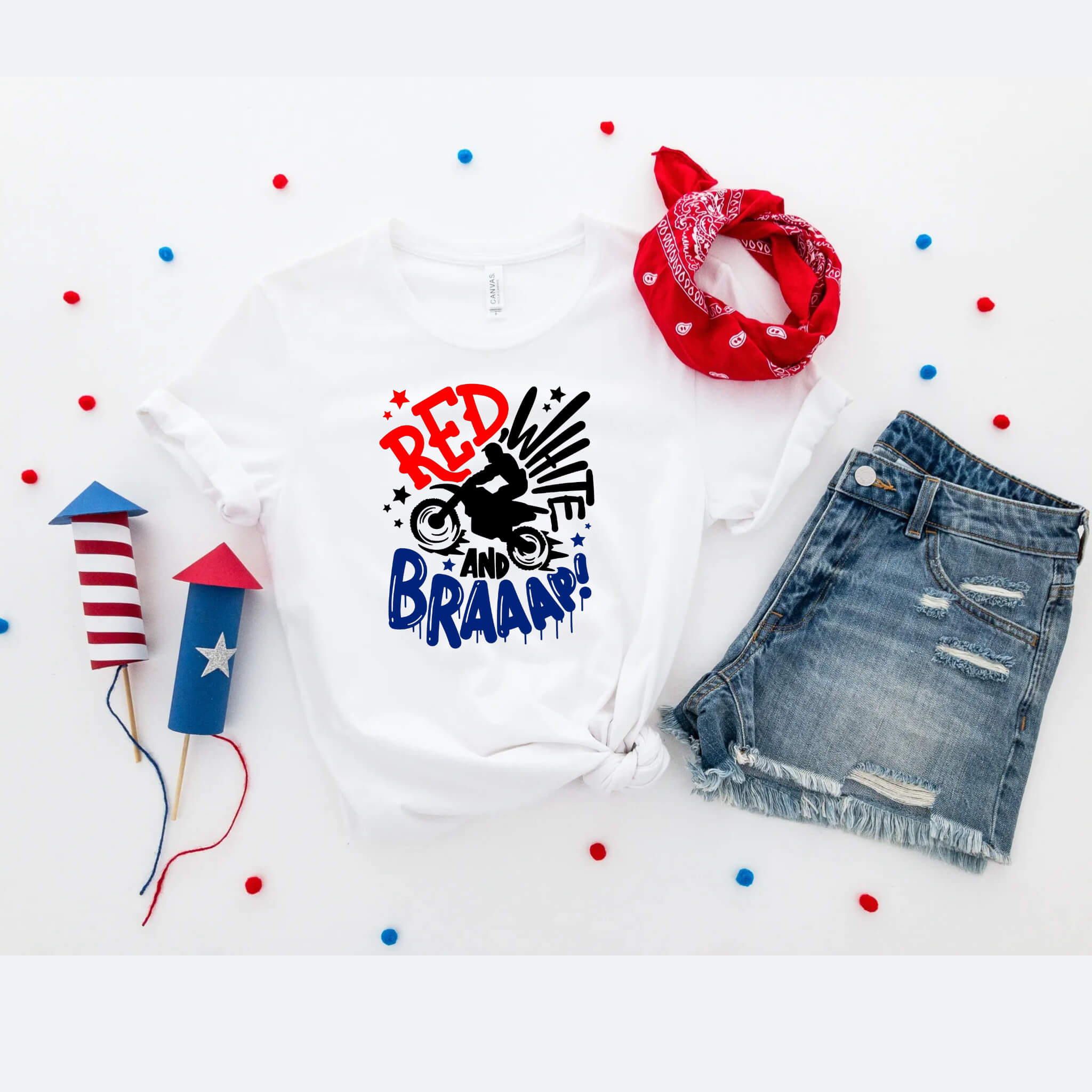 4th of July - Red White & Brap Dirt Bike Patriotic Graphic Print Women’s T-Shirt / Tank Top