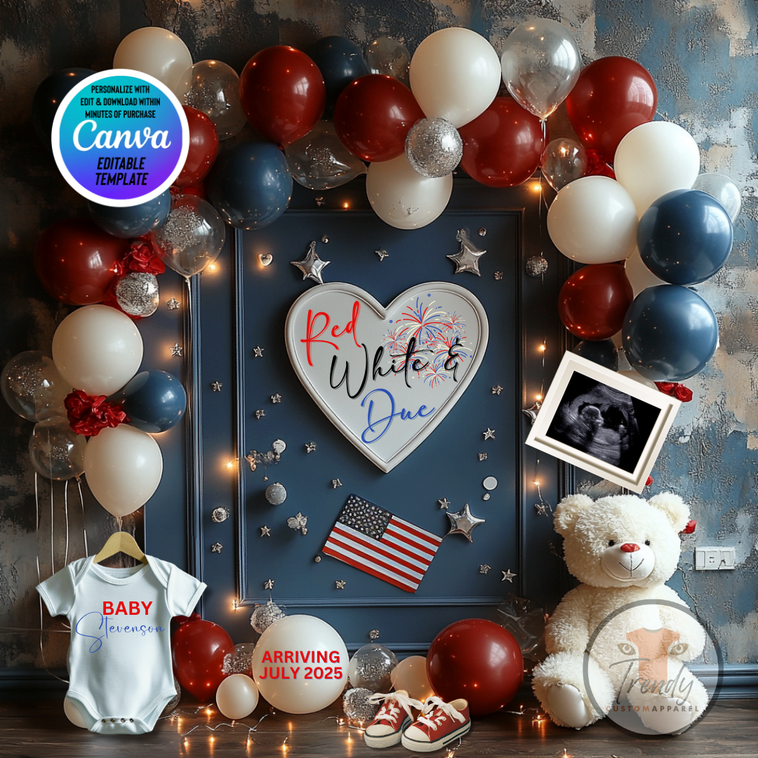 Digital Summer Pregnancy Announcement, Red White & Due, Customizable July 4th Themed, Personalized Editable Template