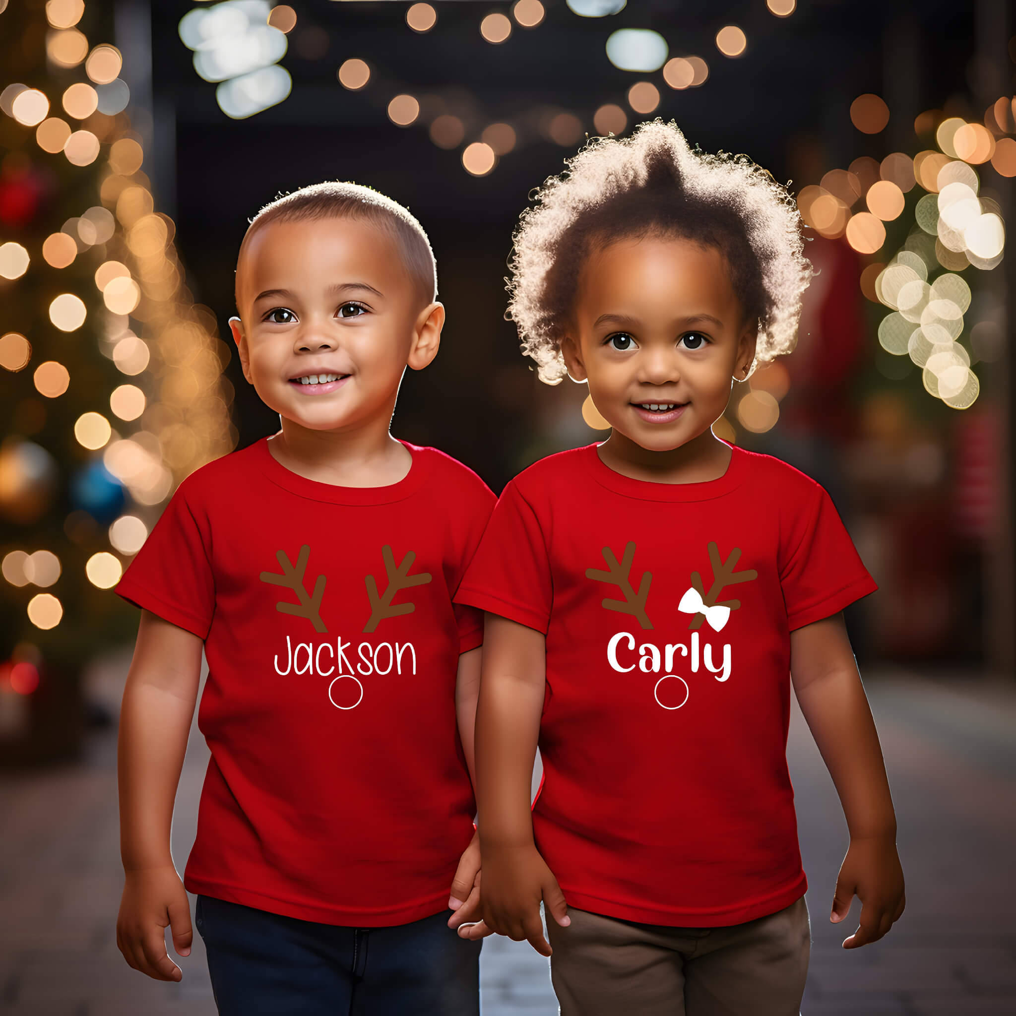 Christmas Reindeer Personalized Name Boy's / Girl's Graphic Print T-Shirt