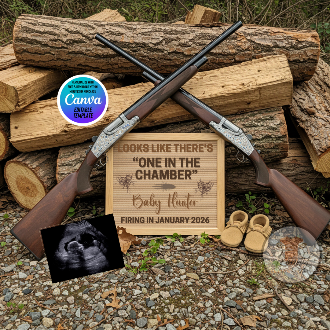 Two crossed shotguns on logs with a wooden plaque for baby announcement and baby shoes, editable in Canva.
