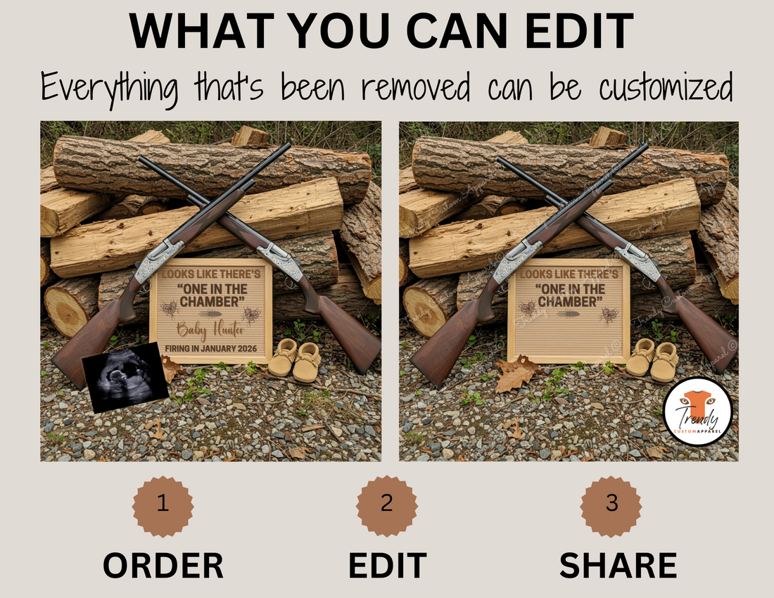 Two crossed shotguns on logs with a wooden plaque for baby announcement and baby shoes, editable in Canva.