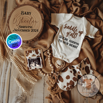 Digital Western Pregnancy Announcement, Saddle Up We're Adding to Our Herd, Customizable Cowboy Themed, Personalized Editable Template