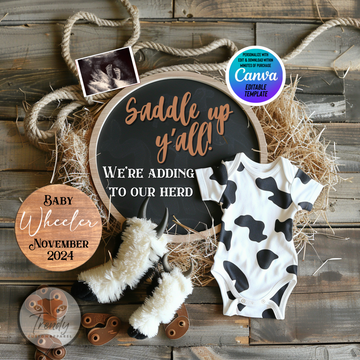 Digital Rodeo Cowboy Pregnancy Announcement, Saddle Up Y’all We're Adding to Our Herd, Customizable Western Themed, Personalized Editable Template