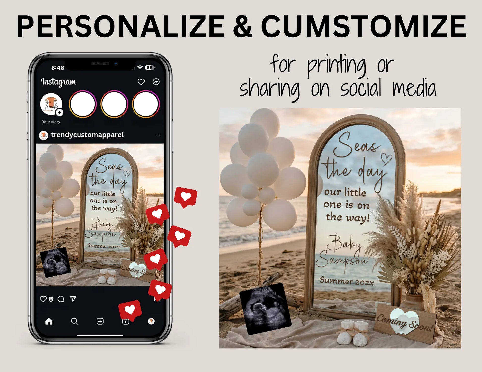 Beach Pregnancy Announcement Template, Social Media Sea Theme Pregnancy Reveal, Digital Neutral Baby Announcement Ideas TrendyCustomApparel™