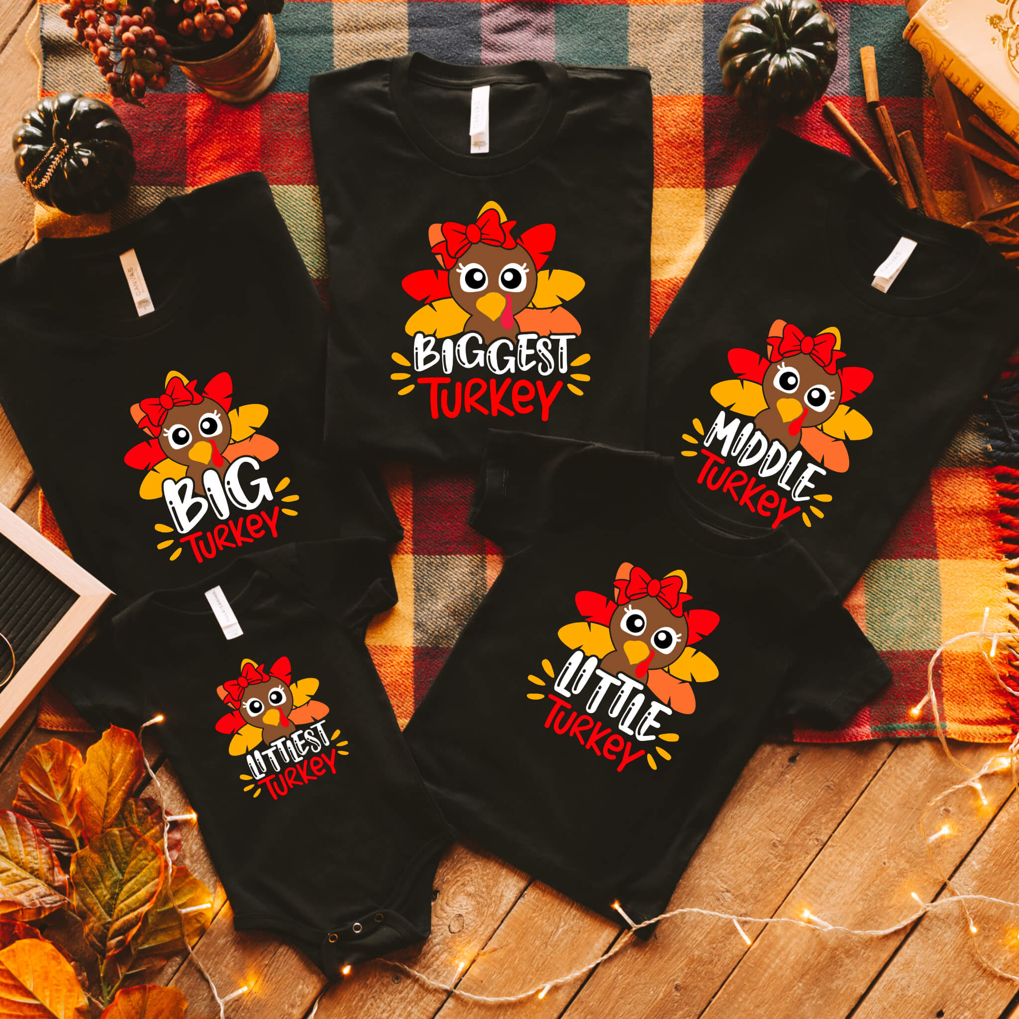 Fall Family Girl's Matching Sibling Thanksgiving Turkey Graphic Print T-Shirt