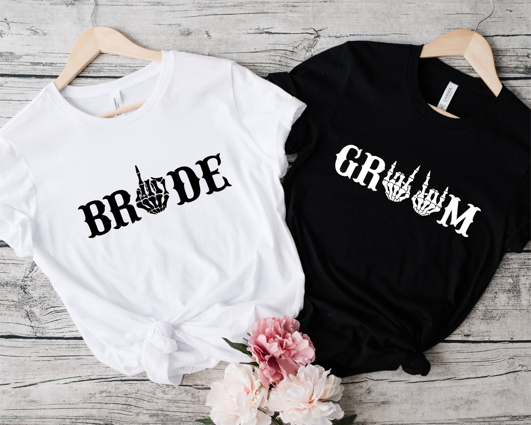 Camisetas con estampado gráfico de novia y novio para parejas góticas a juego para bodas o compromisos