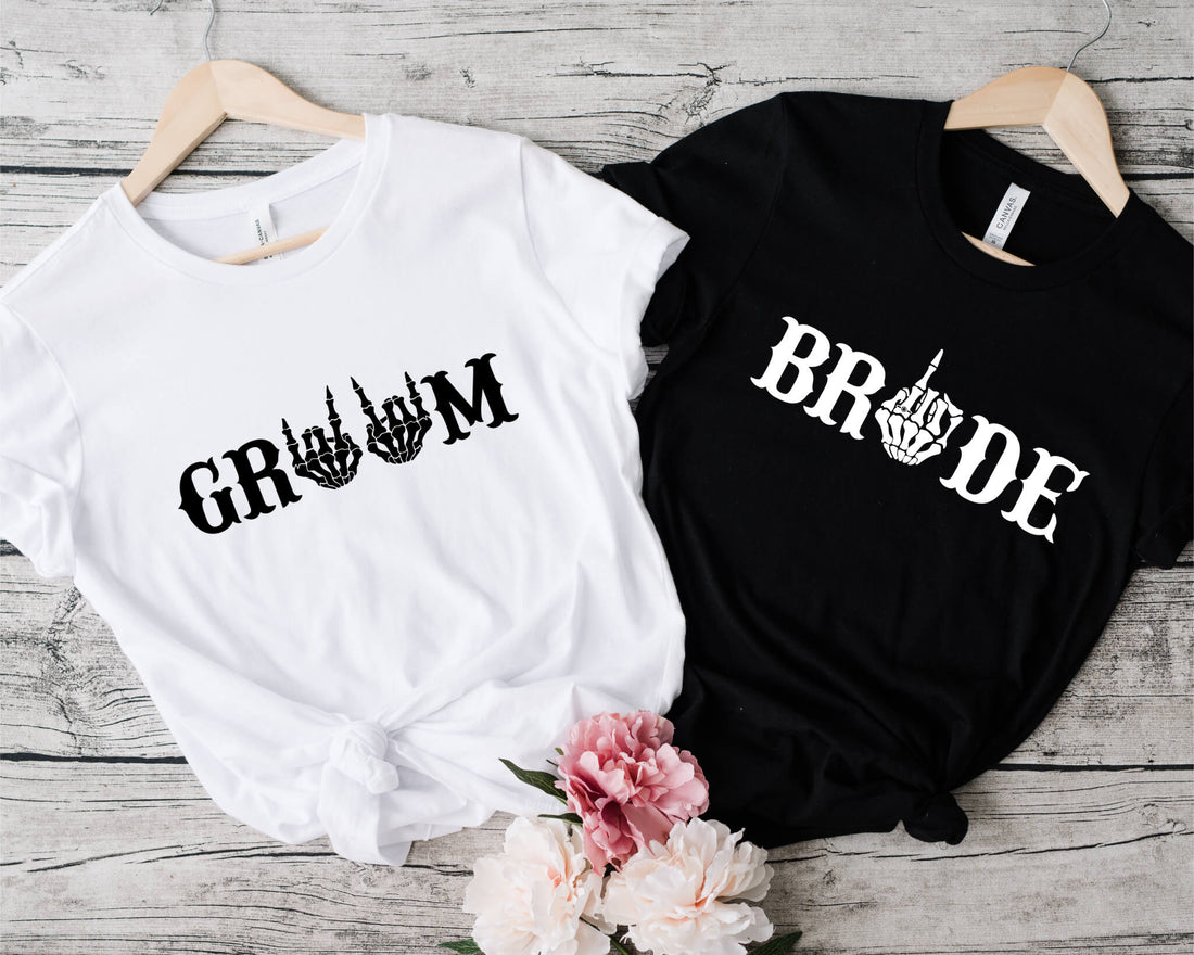 Wedding Engagement Honeymoon Matching Gothic Rocker Couples Bride & Groom Graphic Print T-Shirts