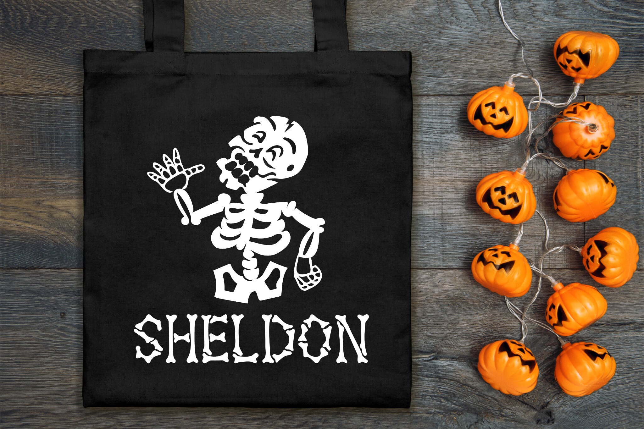 Halloween Skeleton Personalized Name Trick or Treat Candy Large Tote Bag