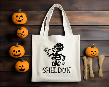 Bolsa De Tela Grande Esqueleto de Halloween Nombre personalizado Caramelo de truco o trato