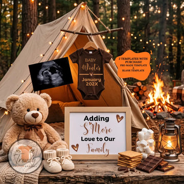 S'mores Camping Baby Reveal Digital Editable Template, Rustic Summer Baby Reveal, Gender Neutral Canva Template TrendyCustomApparel™