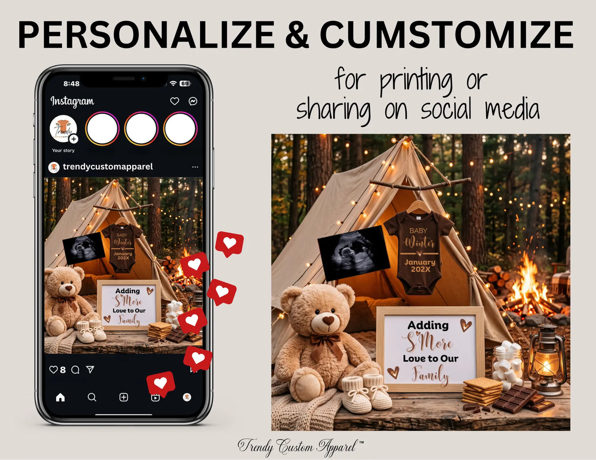 S'mores Camping Baby Reveal Digital Editable Template, Rustic Summer Baby Reveal, Gender Neutral Canva Template TrendyCustomApparel™