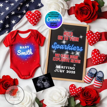 Digital Fireworks Pregnancy Announcement, Hold on to Your Sparklers, Customizable Independence Day Themed, Personalized Editable Template