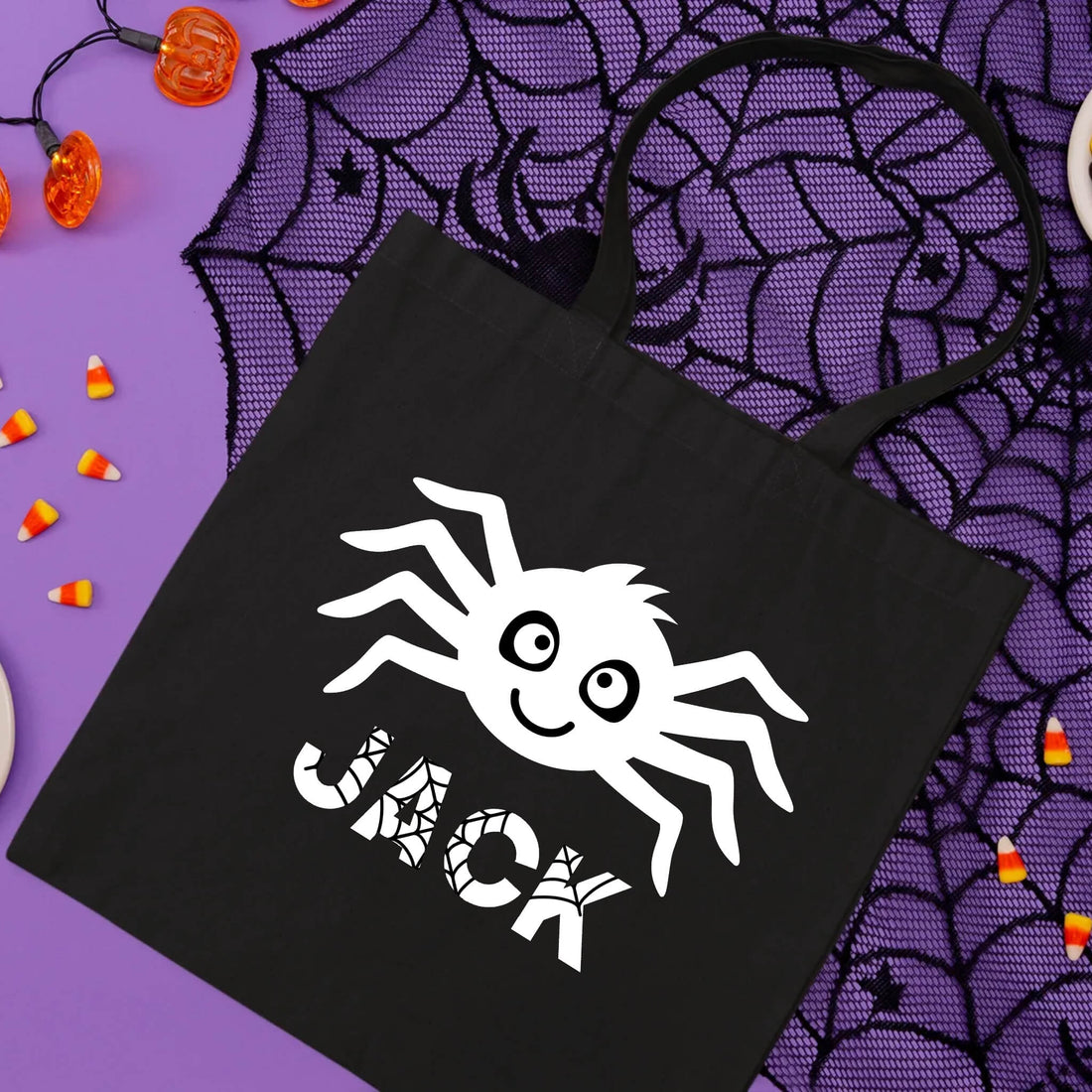 Bolsa De Tela Grande Nombre personalizado de Halloween Caramelo de truco o trato del lindo niño araña