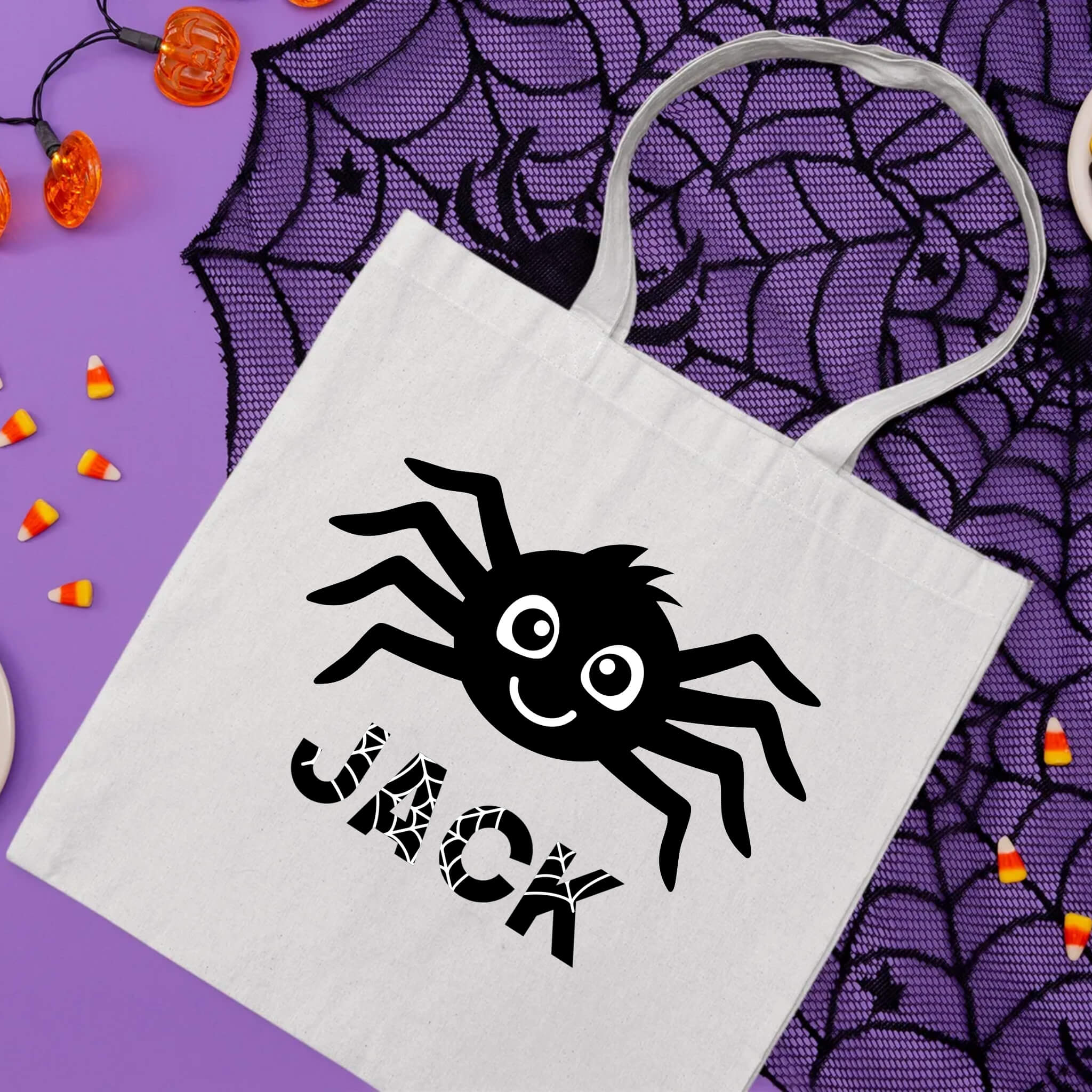 Bolsa De Tela Grande Nombre personalizado de Halloween Caramelo de truco o trato del lindo niño araña