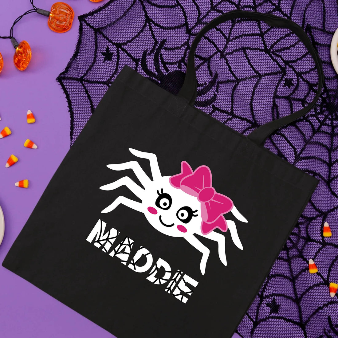 Bolsa De Tela Grande Nombre personalizado de Halloween Caramelo de truco o trato de niña araña linda