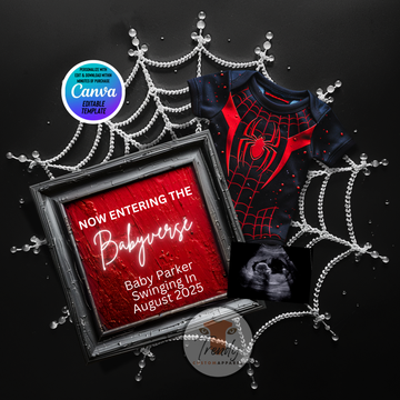 Digital Spiderman Babyverse Pregnancy Announcement, Customizable Superhero Themed, Personalized Editable Template