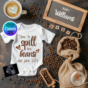 Digital Pregnancy Announcement, Spill the Beans, Customizable Coffee Beans Themed, Personalized Editable Template