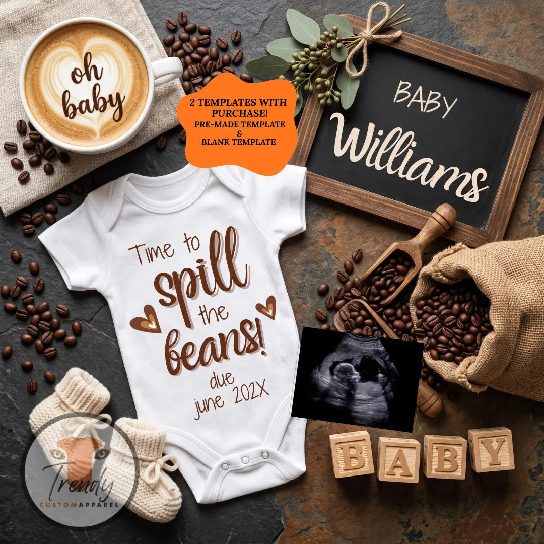 Time to Spill the Beans Digital Pregnancy Announcement, Customizable Instant Download Template, Funny Baby Reveal TrendyCustomApparel™
