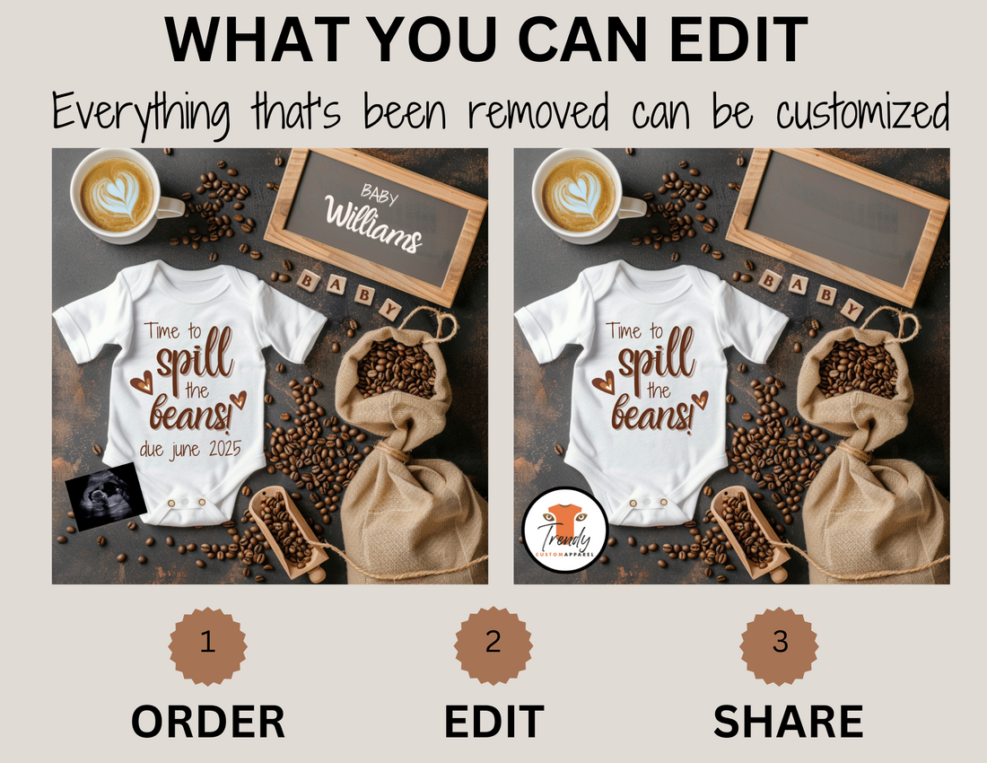 Digital Pregnancy Announcement, Spill the Beans, Customizable Coffee Beans Themed, Personalized Editable Template