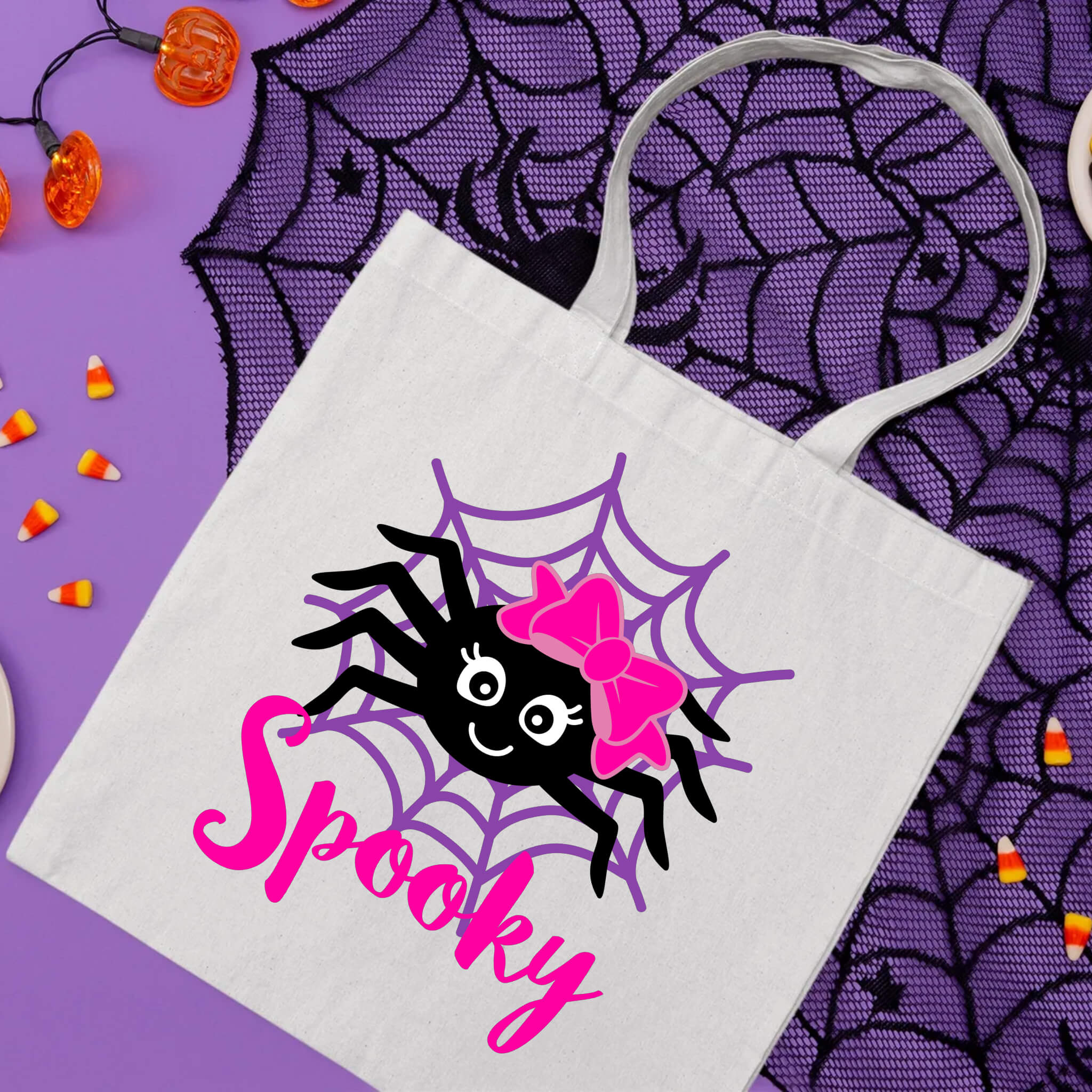 Halloween Spooky Spider Girl's Trick or Treat Candy Large Tote Bag