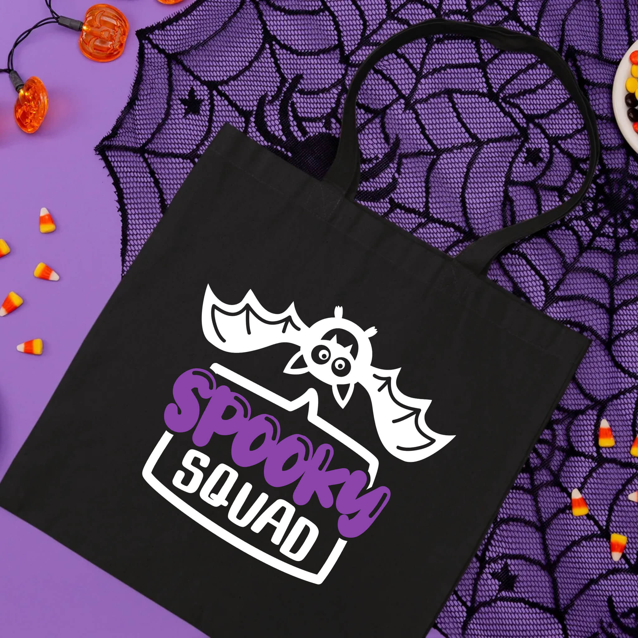 Bolsa De Tela Grande Caramelo de truco o trato de escuadrón espeluznante de murciélago lindo de Halloween