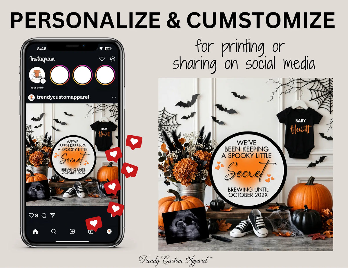 Halloween Spooky Little Secret Baby Reveal Digital Editable Template, Gender Neutral Customizable Canva Template TrendyCustomApparel™