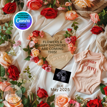 Digital Pregnancy Announcement, Flowers & Baby Showers, Customizable Spring Themed, Personalized Editable Template