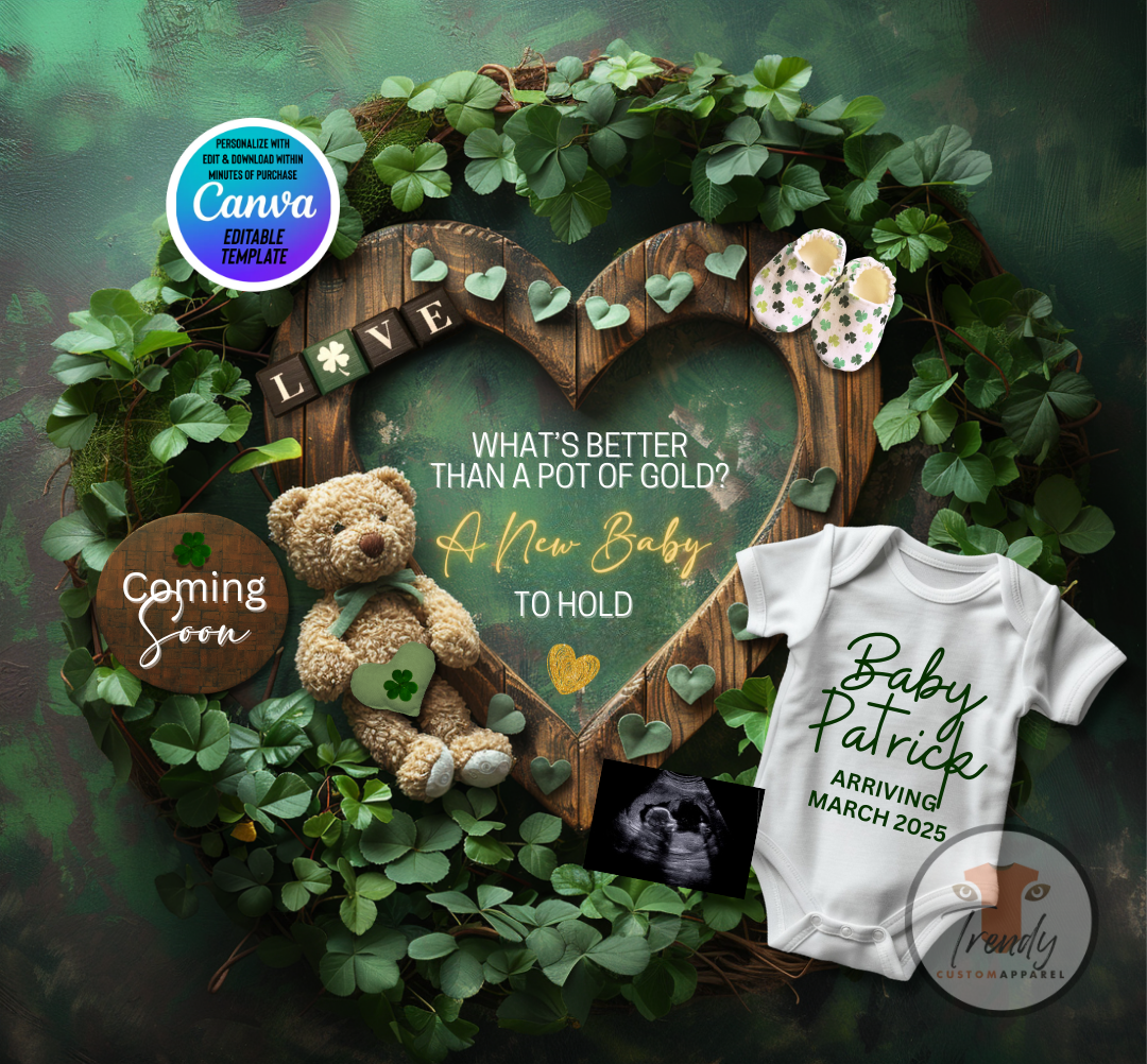 Digital St Patrick's Pregnancy Announcement, A New Baby To Hold, Customizable March Themed, Personalized Editable Template