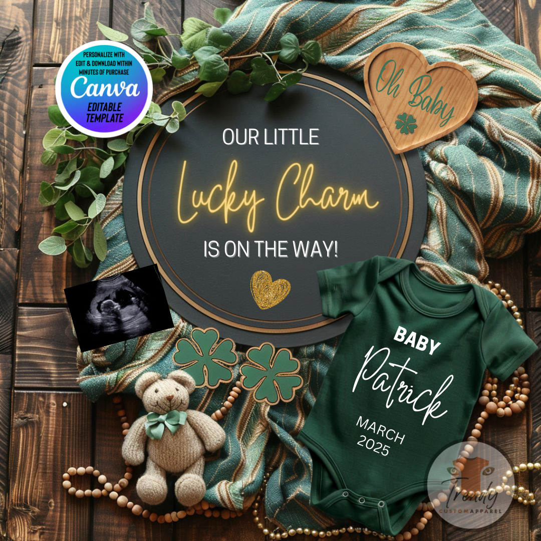 Digital St Patrick's Pregnancy Announcement, Lucky Charm, Customizable March Themed, Personalized Editable Template