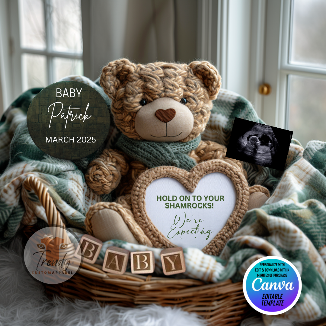 Digital St Patrick's Pregnancy Announcement, We're Expecting, Customizable March Themed, Personalized Editable Template