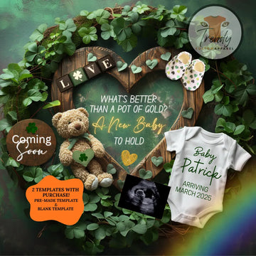 St. Patrick's Pot of Gold Baby Reveal Digital Editable Template, Spring or March Themed Canva Template TrendyCustomApparel™