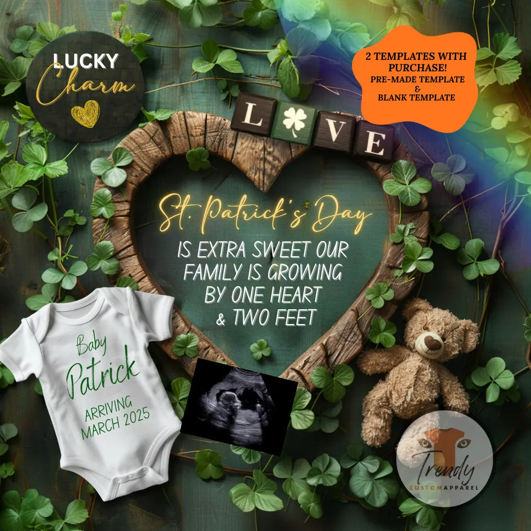 St. Patrick’s Day Baby Reveal Digital Editable Template, March or Spring Themed Canva Template TrendyCustomApparel™