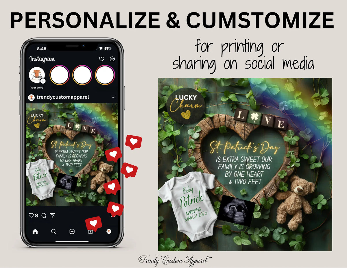 St. Patrick’s Day Baby Reveal Digital Editable Template, March or Spring Themed Canva Template TrendyCustomApparel™