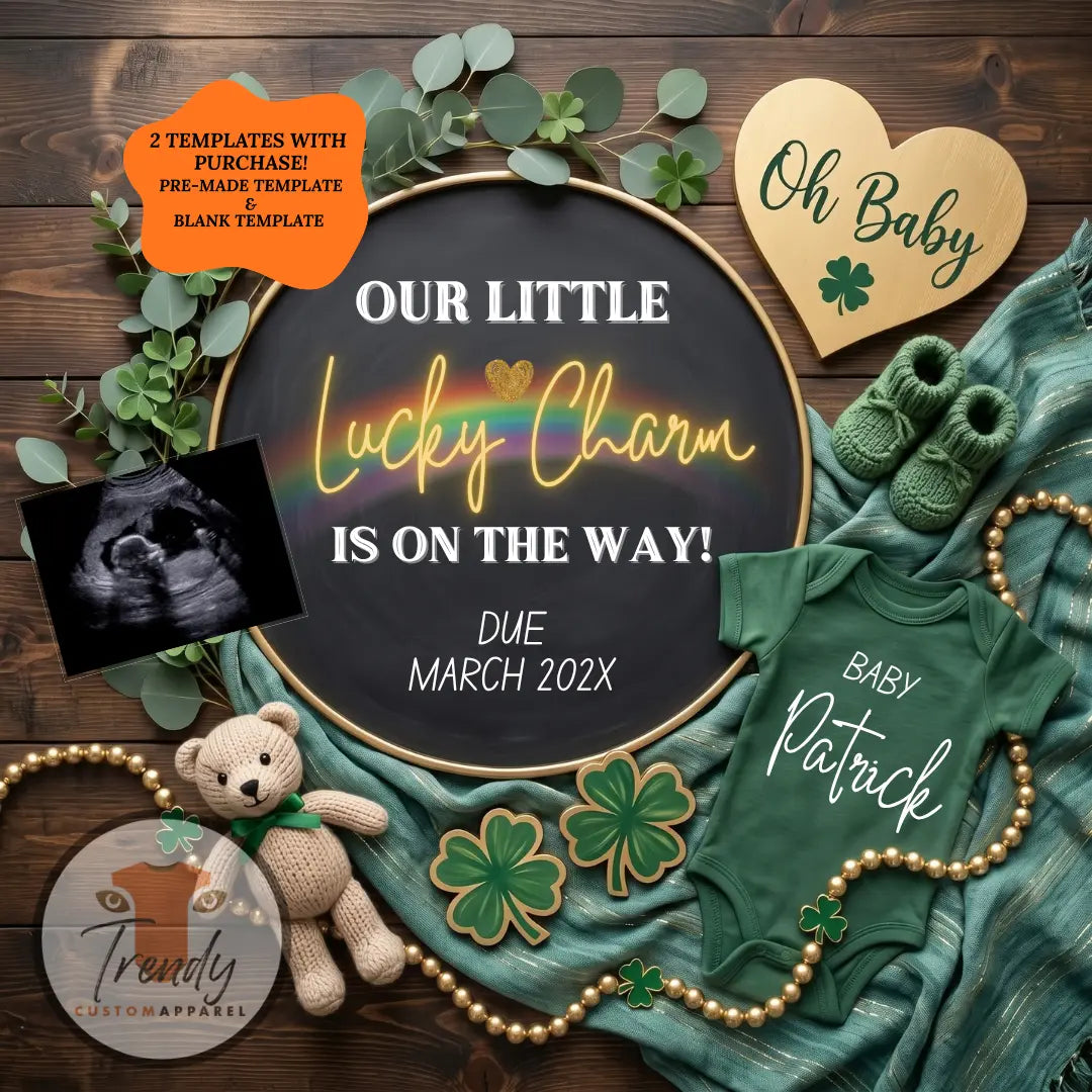 St. Patrick’s Day Pregnancy Announcement Template | Lucky Charm Baby Reveal Canva Template TrendyCustomApparel™