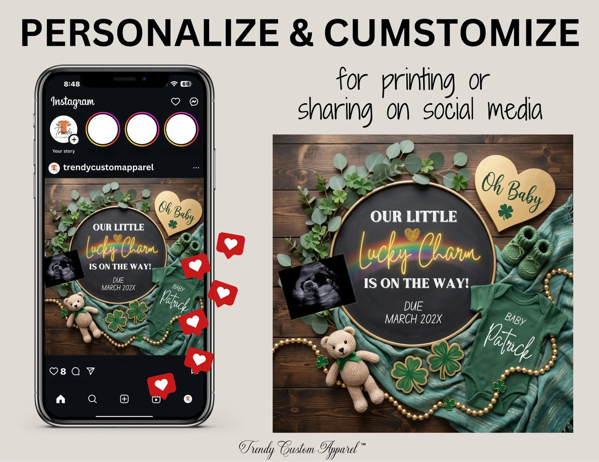 St. Patrick’s Day Pregnancy Announcement Template | Lucky Charm Baby Reveal Canva Template TrendyCustomApparel™