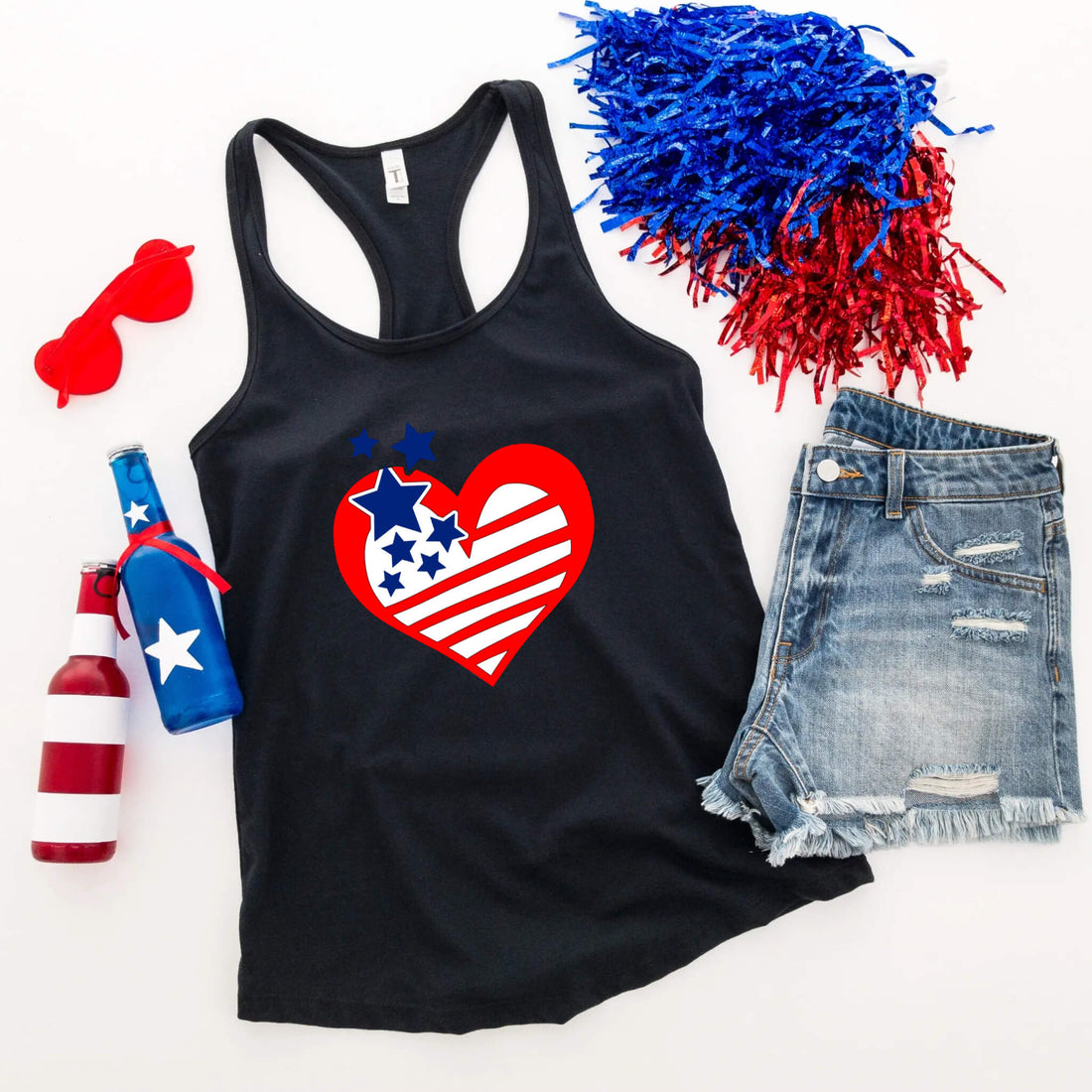 Camiseta del 4 de julio, Corazón de estrellas y rayas, Tanque azul blanco rojo, Camiseta patriótica, Camiseta sin mangas para mujer, Damas, Ropa personalizada, Camiseta del Día de la Independencia, Tanque del Día de los Caídos