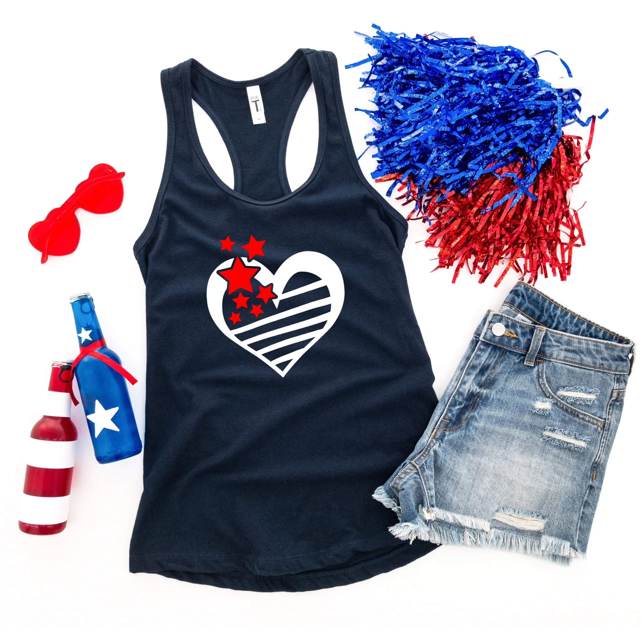 Camiseta del 4 de julio, Corazón de estrellas y rayas, Tanque azul blanco rojo, Camiseta patriótica, Camiseta sin mangas para mujer, Damas, Ropa personalizada, Camiseta del Día de la Independencia, Tanque del Día de los Caídos