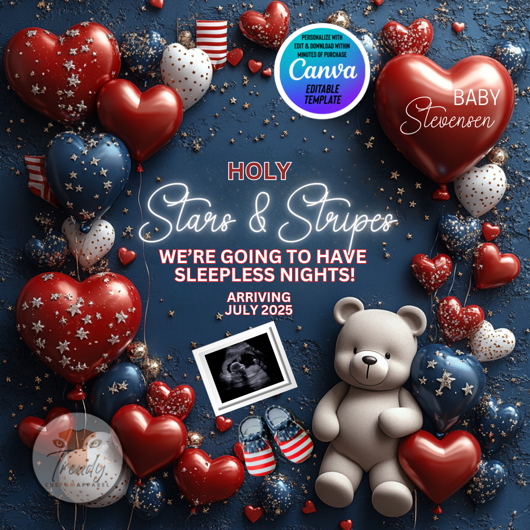 Digital Summer Pregnancy Announcement, Holy Stars & Stripes, Customizable July 4th Themed, Personalized Editable Template