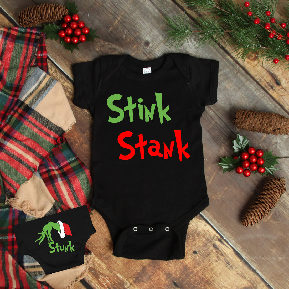 Christmas Stink Stank Stunk Grinch Graphic Print Baby Onesie