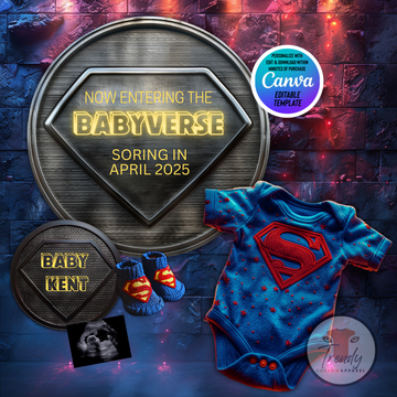 Digital Superman Babyverse Pregnancy Announcement, Customizable Superhero Themed, Personalized Editable Template